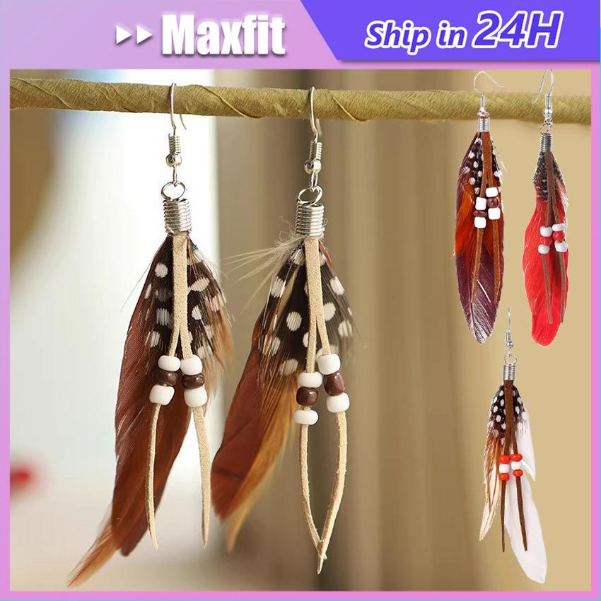 2Pcs Anting Etnik Wanita Vintage Bohemian Desain Rumbai Bulu Juntai Panjang Anting Jilbab Bulu / Ant
