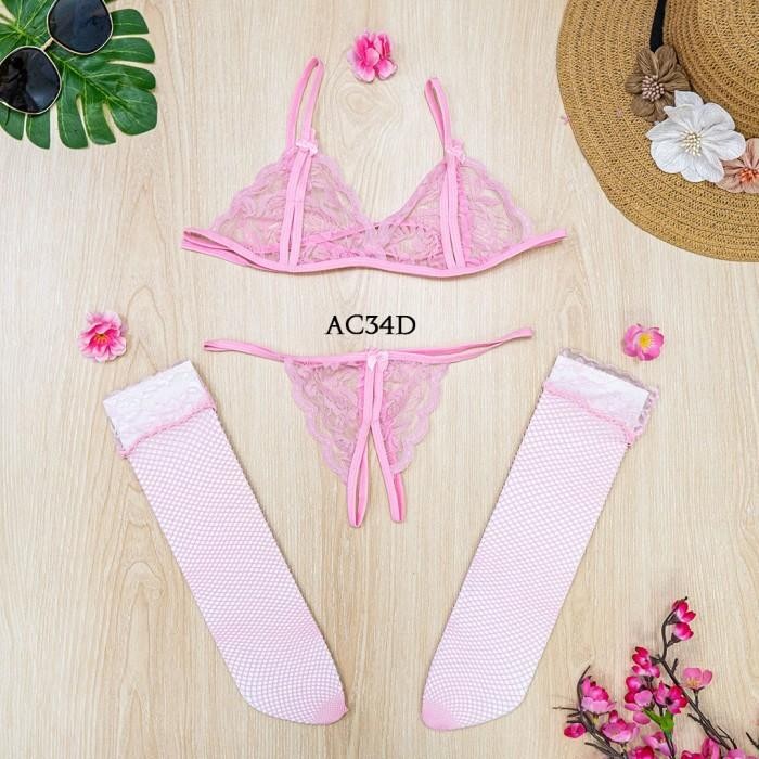 Stocking Sexy + Bra Set G String Underwear Wanita Lace Pink AC34D