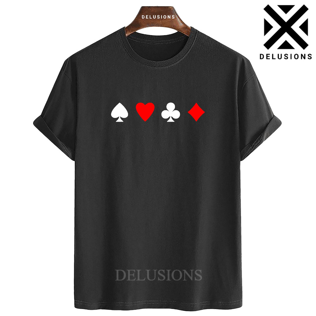 Kaos Distro Pria Wanita Poker Kartu Remi Hitam Kasual Vintage Tee Streetwear T-Shirt Baju Unisex