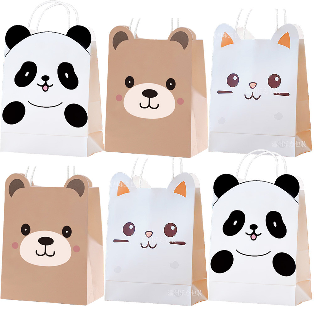 

6/12/24pcs Animals Paper Goodie Bags With Handle Panda Cat Bear Gift Bag Candy Cookies Bags for Kids Party Decorations Supplies