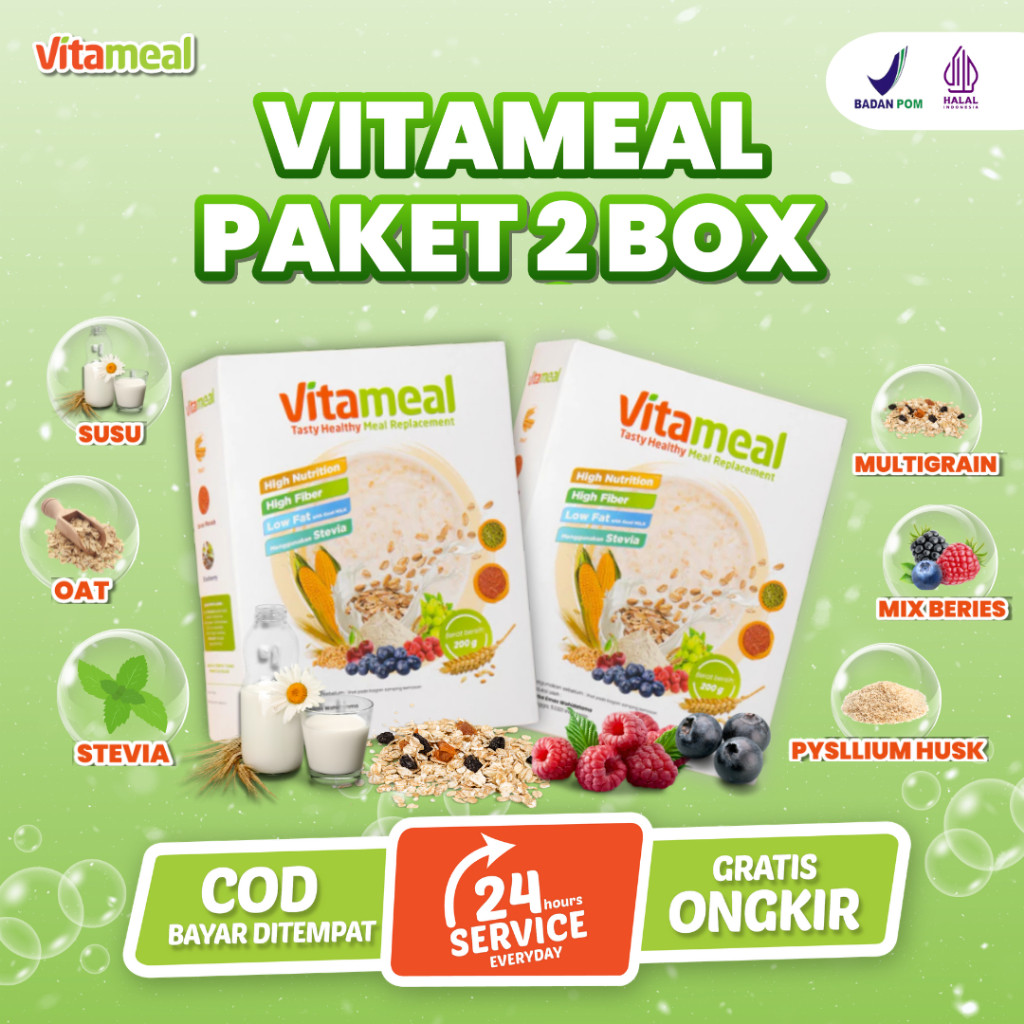 

[ORIGINAL] VITAMEAL PAKET 2 BOX Sereal Herbal Sehat Cegah Hipertesi Atasi Diabetes Kolesterol Menurunkan Darah Tinggi Sering Buang Air Kecil Alami Tanpa Efek Samping FITAMEAL GERD