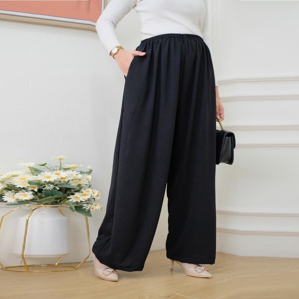 CELANA KULOT LINGKAR CRINKLE AIRFLOW ADEM HITAM POLOS WANITA  PREMIUM