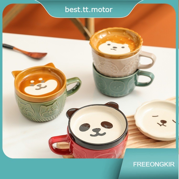 Set Mug Keramik Kartun 5 Warna dengan Tutup dan Tatakan Gelas Kopi Sarapan Lucu dengan Desain Kucing