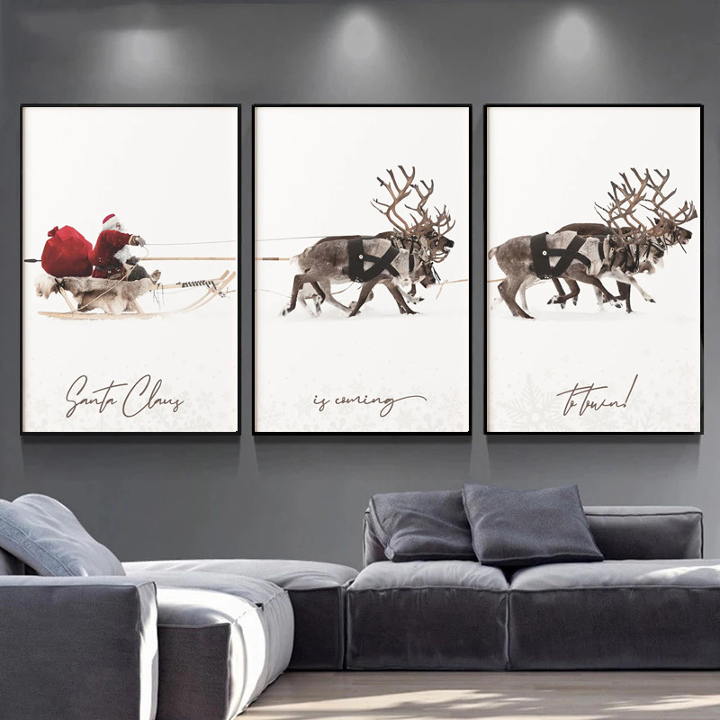 

Santa Claus with Sleigh Elk Posters and Print Wall Art Picture Nordic Canvas Painting Living Room Home Decor
