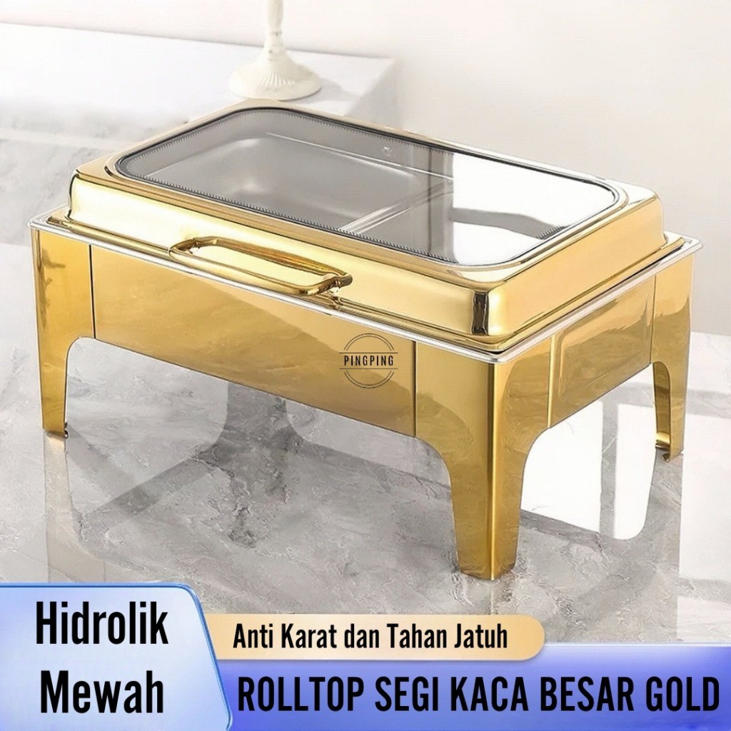 Chafing Dish / Rolltop Segi Kaca Catering Stainless Steel 9 L /set tempat lauk dan sayur/tempat lauk