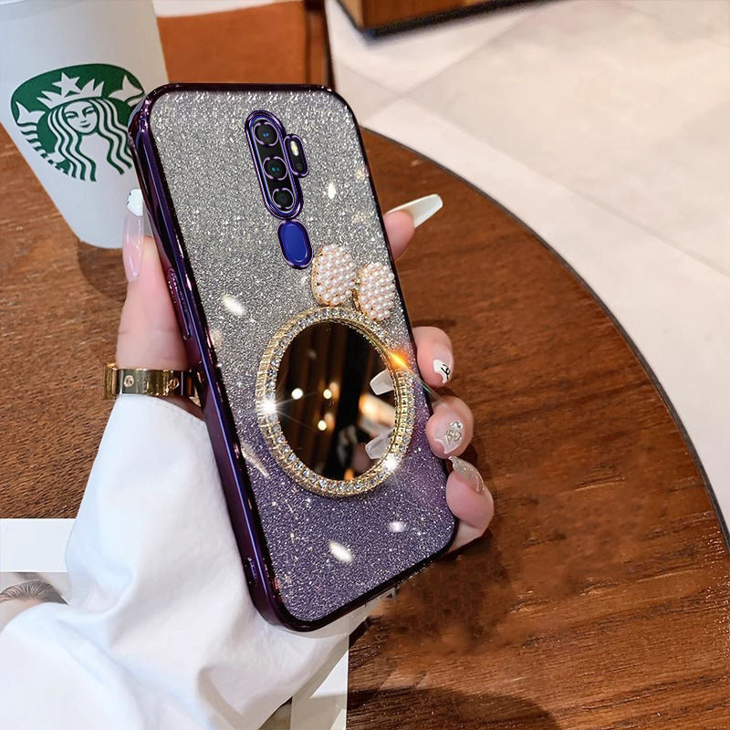 For OPPO A9 2020  A5 2020 case casing Pemegang Cermin Kupu-kupu Mutiara Cermin Kosmetik Cermin Stere