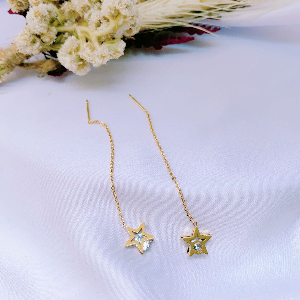 Anting Panjang Wanita Titanium Fashion Korean Gold 24k  Motif Bintang Permata