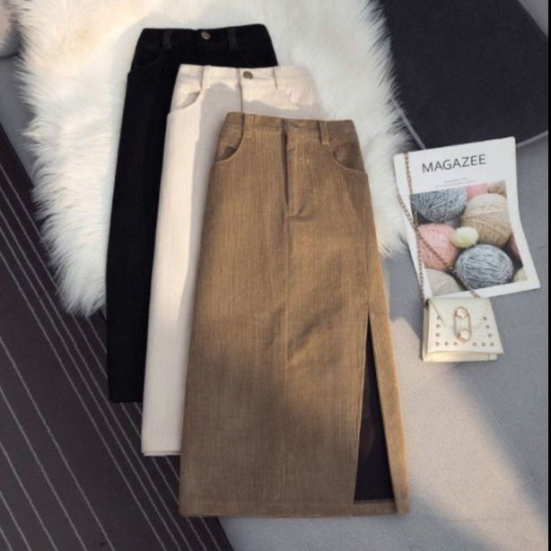 ROK SLIT CORDUROY MIDI SKIRT BAWAHAN WANITA