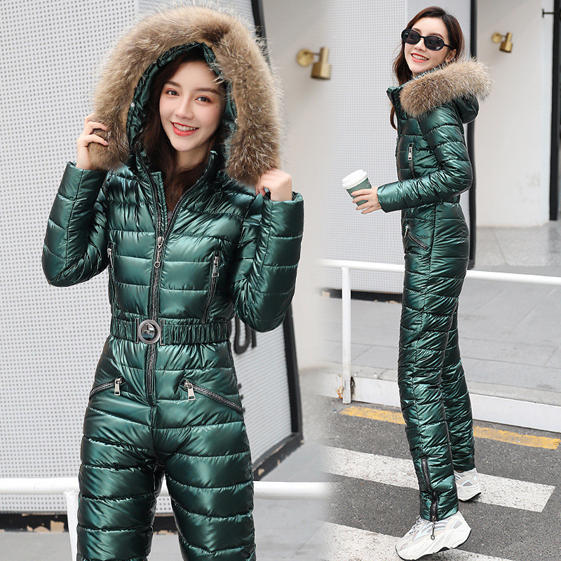 

One Piece Ski Suit Women Jackets Winter Hooded Parka Jumpsuit Women Cotton Bodysuit Sashes Jumpsuits Zipper Overalls Tracksuits