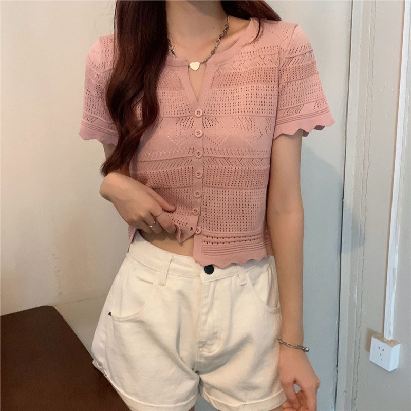 Atasan Rajut Wanita V-Neck Cardigan Crop Polos Atasan Crop Top Korea Lengan Pendek Rajut GA