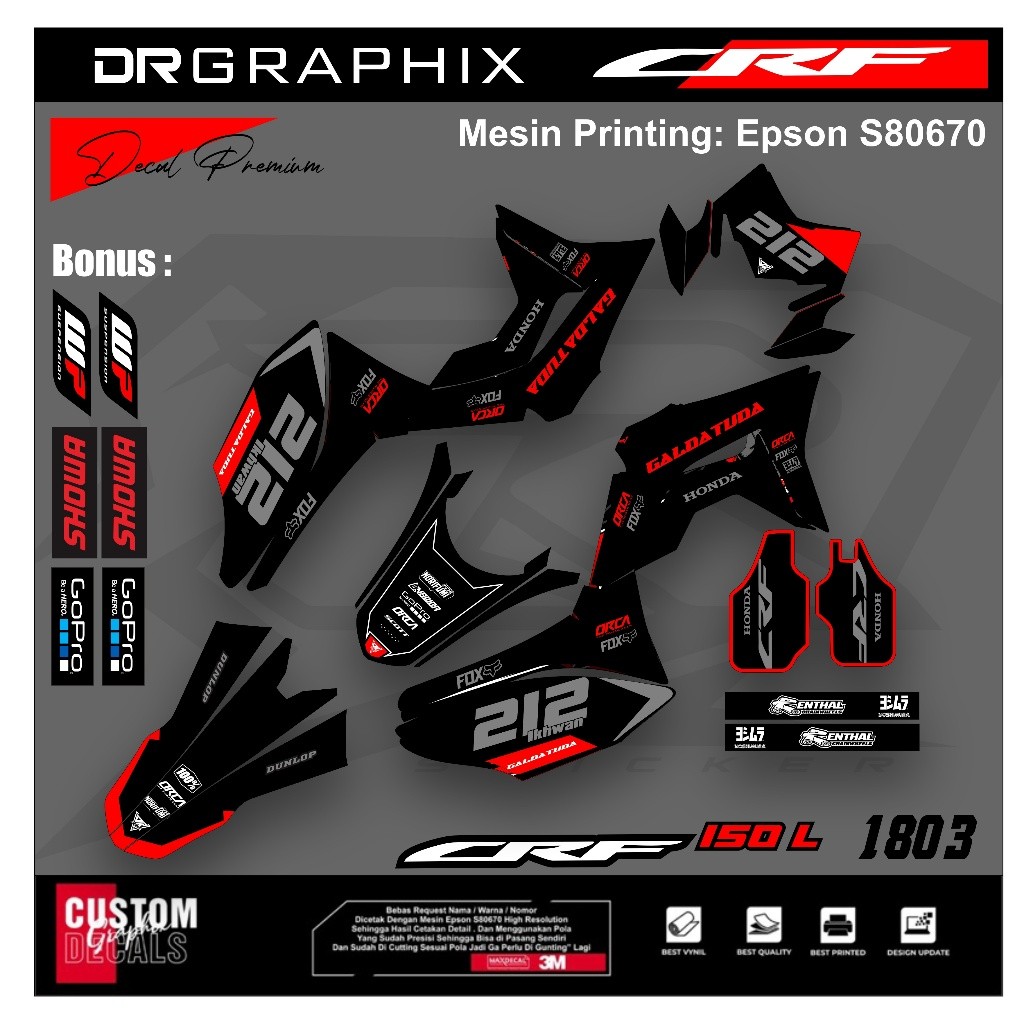 PREMIUM DECAL STIKER HONDA CRF 150L CRF 250 FULL BODY COSTUM DESAIN TERBARU kode CRF-42