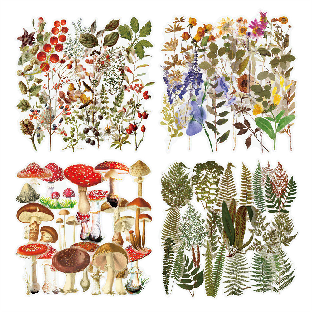 

40pcs Transparent PET Vintage Plant Flowers Stickers For Scrapbook DIY Mushroom Sticker Craft Supplies Scrapbooking Material
