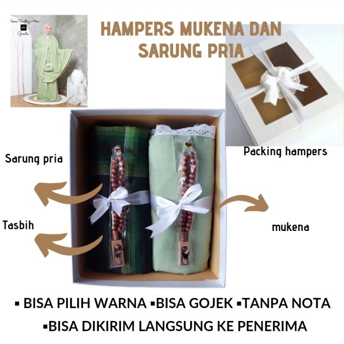 

DISKON HAMPERS KADO PENGANTIN/WEDDING MUKENA SARUNG FREE TASBIH &KARTU UCAPAN