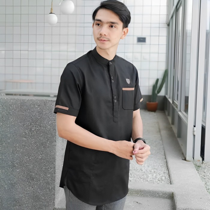 ✨TERLARIS - Baju Koko Kurta Muslim Pria Dewasa Lengan Pendek Bahan Katun Halus - Hitam, XXL