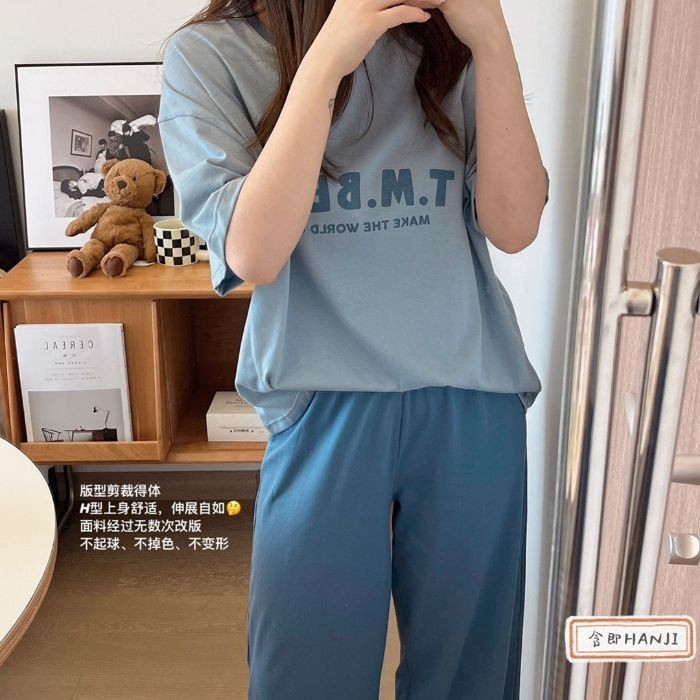 AS 120 Piyama Wanita Import Baju Rumah 1 Set Lengan Pendek Celana Panjang