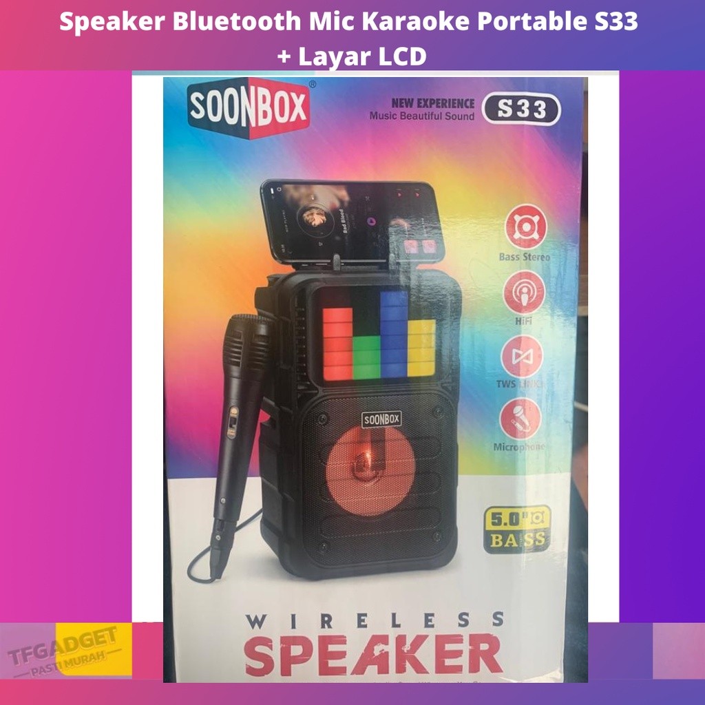 Speaker Bluetooth Soonbox Mic Karaoke Portable S33+ Layar LCD Free Mic