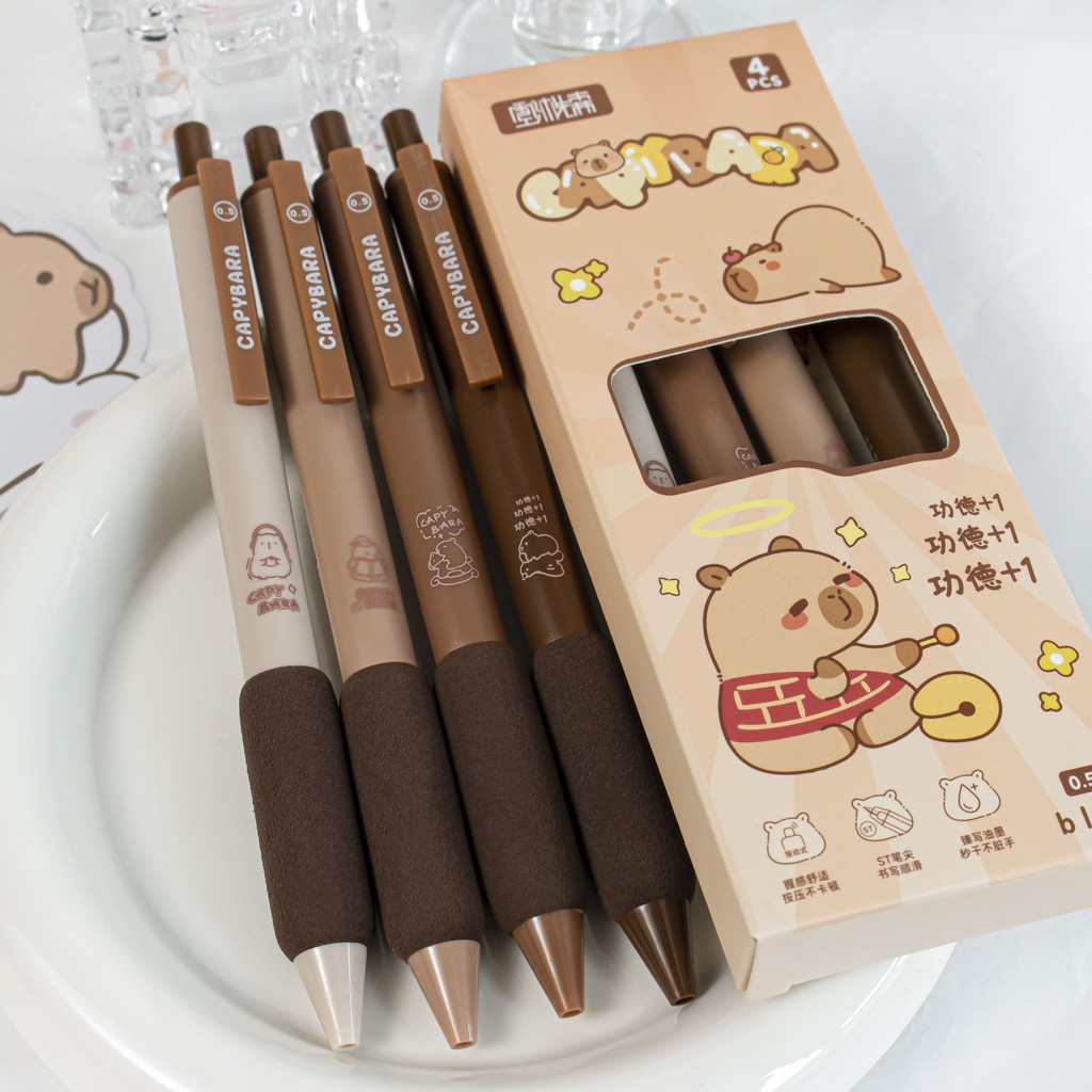 

[GROSIR ATK] PULPEN GEL MEKANIK ISI 4 PCS TINTA HITAM MOTIF KARTUN CAPYBARA DAN LOOPY