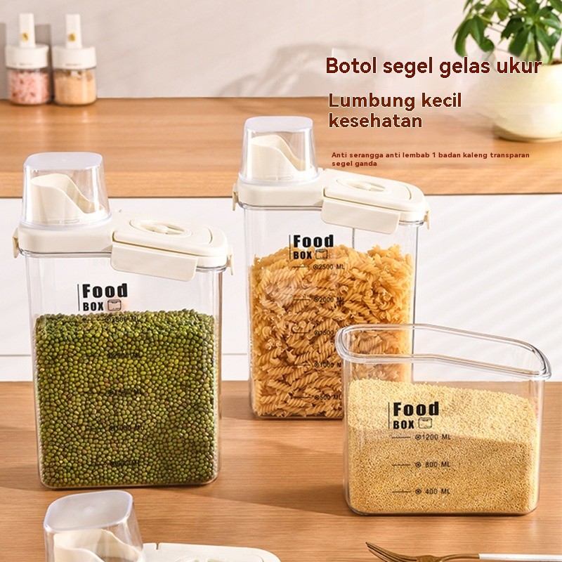 Dapur Ember Beras Transparan Ember Biji-bijian Rumah Tangga Disegel Empat Jepret Guci Biji-bijian Se