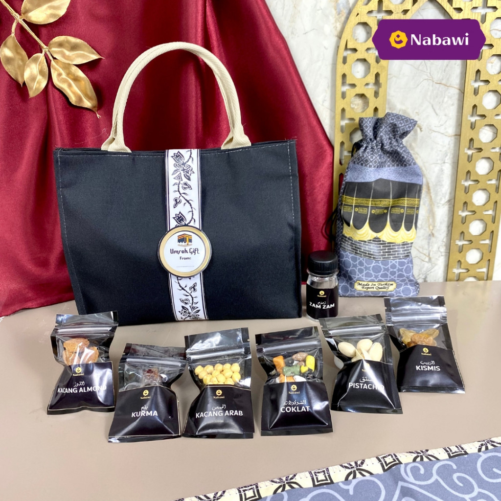 

Hampers Aisyah Souvenir Oleh Oleh Haji Umroh Kacang Arab Fustuk Kismis Kurma Air Zam-zam Sajadah