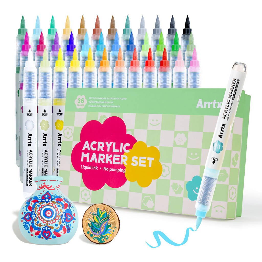 

Arrtx Paint Marker Pens, 36 Colors Permanent Acrylic Marker Brush Tip for Drawing, Rock, Ceramic, Glass, Wood, Plastic, Metal
