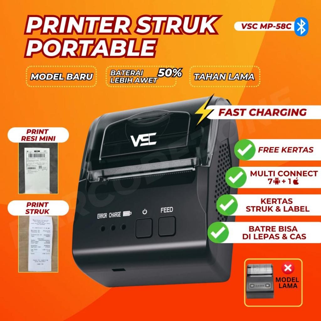 WOW PRINTER BLUETOOTH THERMAL STRUK KASIR VSC MP-58C - HITAM - CETAK PDF ALAMAT SHOPEE GAMBAR