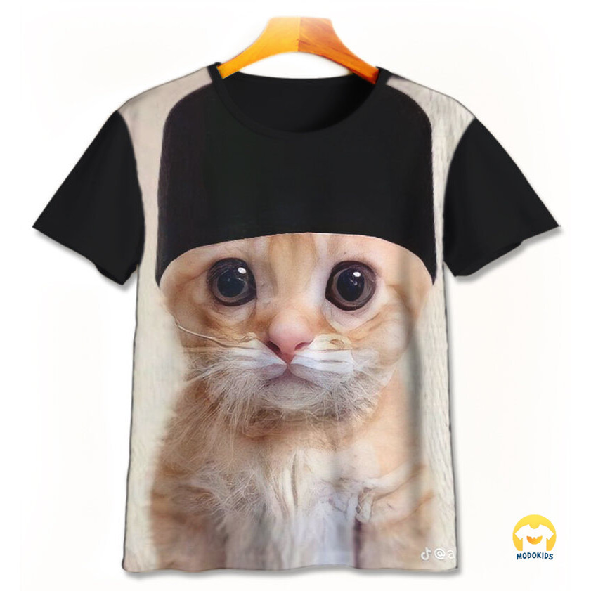 Baju Kaos Anak 3D Kartun Gambar Kucing Lucu - Kucing Pakai Peci Lucu Pakaian Anak Laki-Laki Perempua