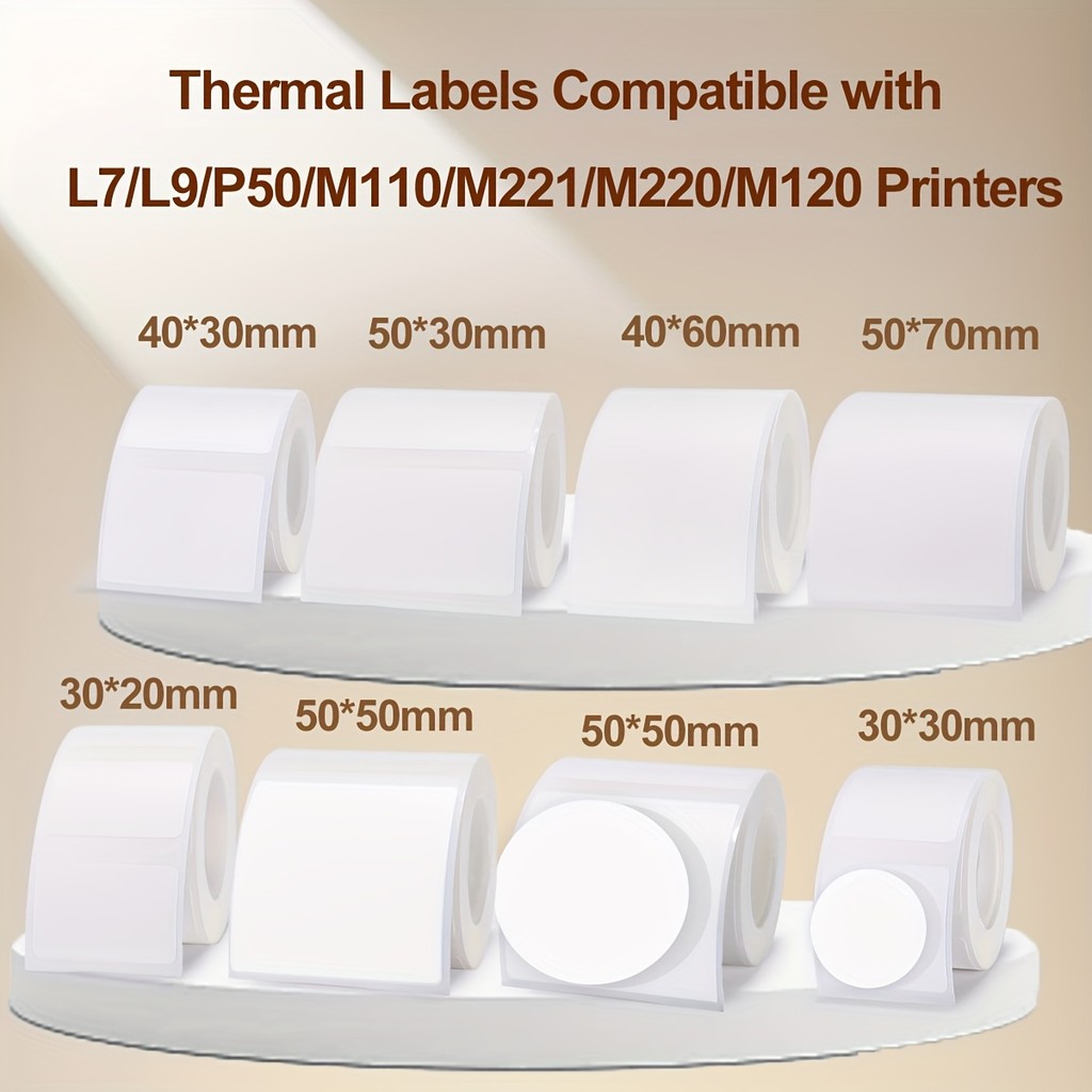 

Oilproof & Self-Adhesive White Thermal Labels - Compatible with L7/L9/P50/M110/M221/M220/M120 Printers, Sizes (40/50/60mm)