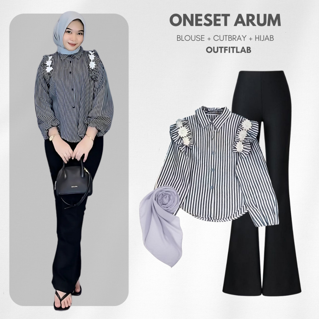 Outfit Set Arumi Setelan Wanita Kekinian ( Blouse + Cutbray + Hijab ) One Set OOTD Hijab Kuliah Hits