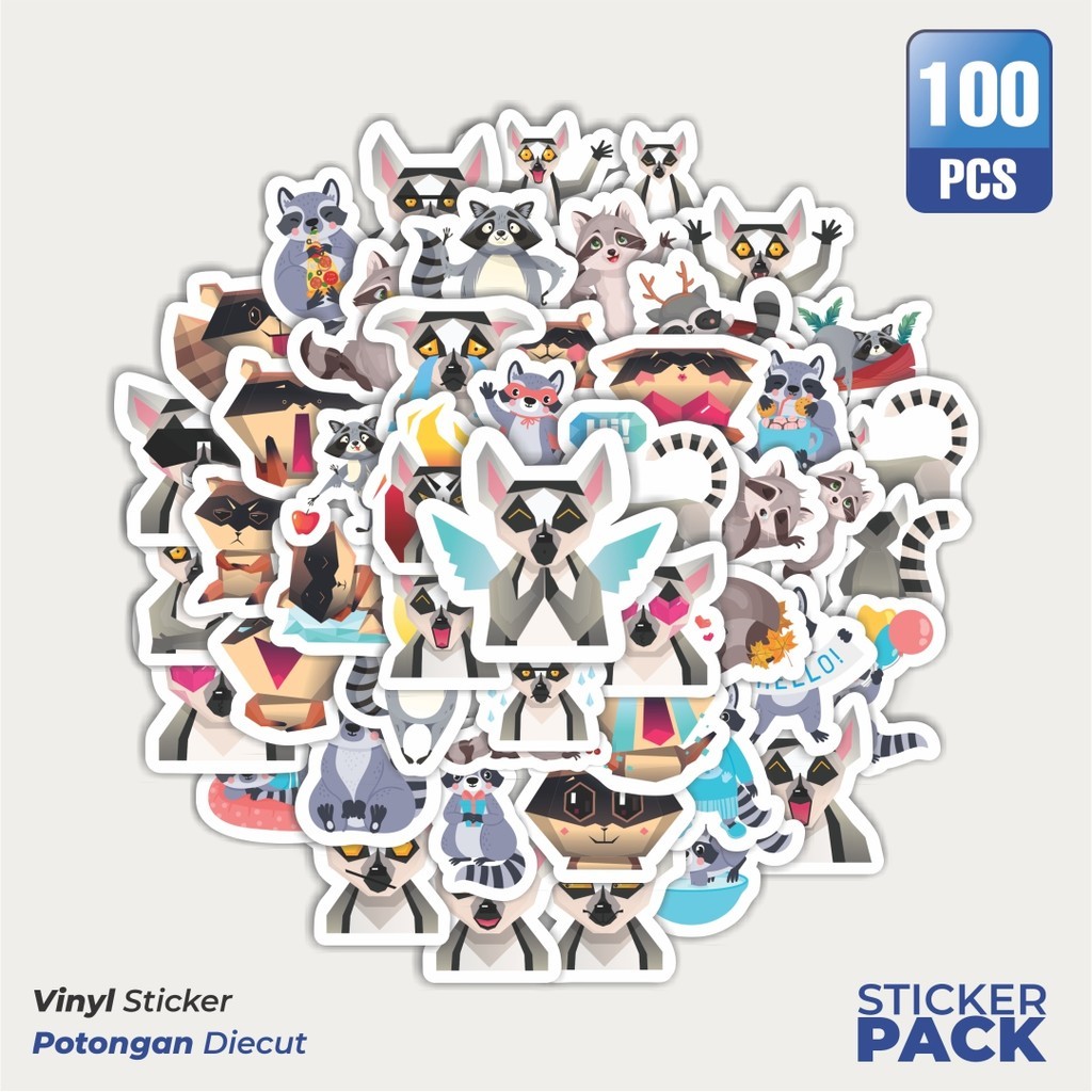 

100 PCS STIKER Hewan Rakun Waterproof Aesthetic- Untuk Laptop, Motor, dan Helm - Paper Stationery Pack