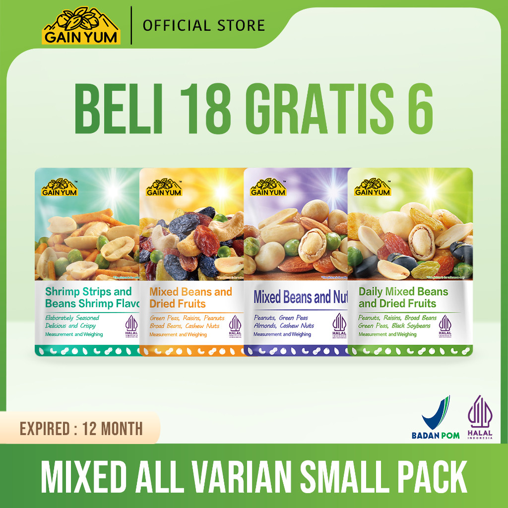 

Gain Yum - 18+6 pcs Kacang Campur Kam Yuens Mixed Beans Fruit and Nuts ALL VARIANT SMALL PACK