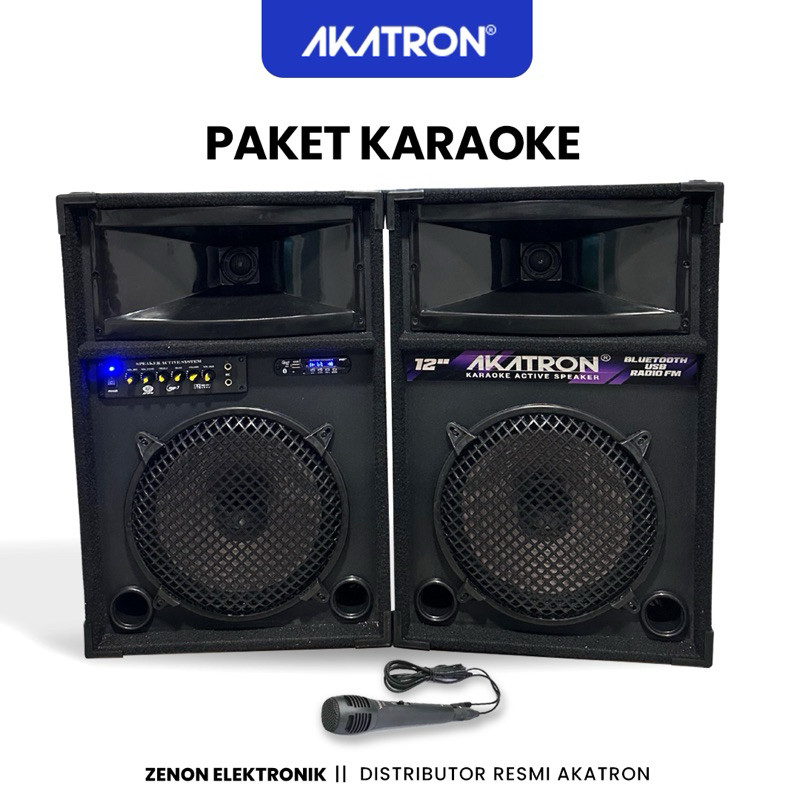 AKATRON PAKET KARAOKE + MIC + SPEAKER AKTIF BLUETOOTH 12 INCH SUPER BASS SUBWOOFER DAPAT 2 BOX BESAR