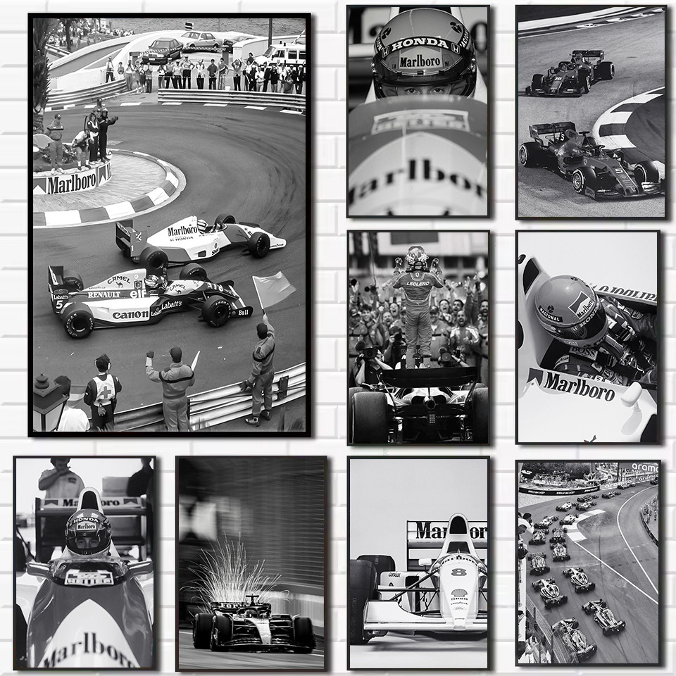 

Black and White Vintage F1 Monaco Racing Sports Car Characters Photo Poster Canvas Painting Wall Art Pictures Home Decor