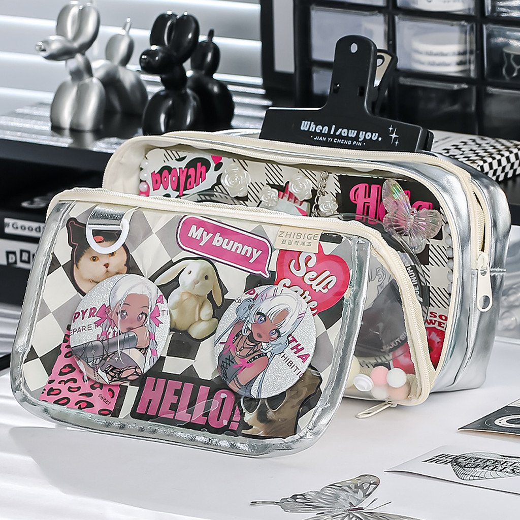 

New Leather Pencil Case Kawaii DIY Silver Translucent Stationery Box INS Style Large Capacity for Student Stationery Storage