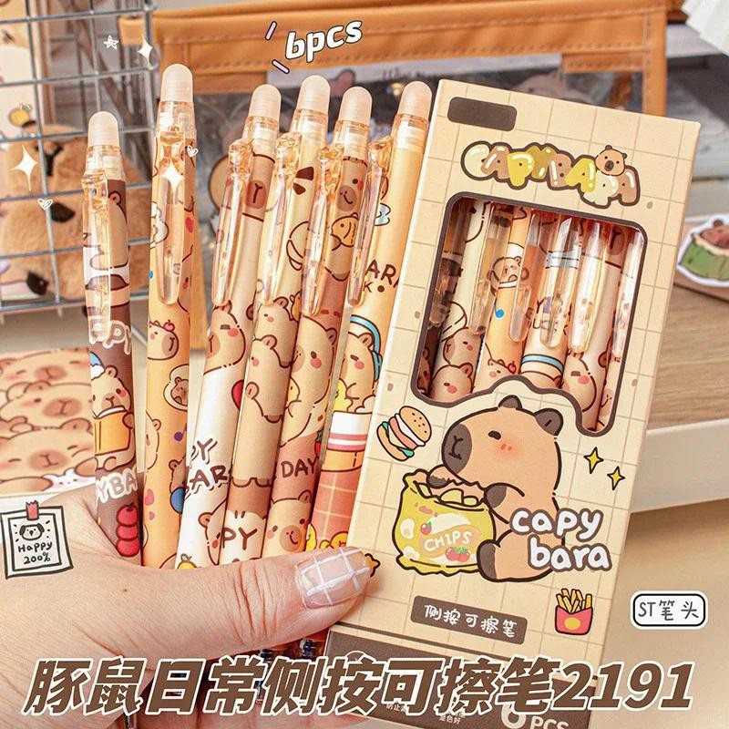 

6Pcs Kawaii Capybara Erasable Gel Pen with Eraser Blue Ink Quick Drying Cute Press Gel Pens School Office Stationery Supplies
