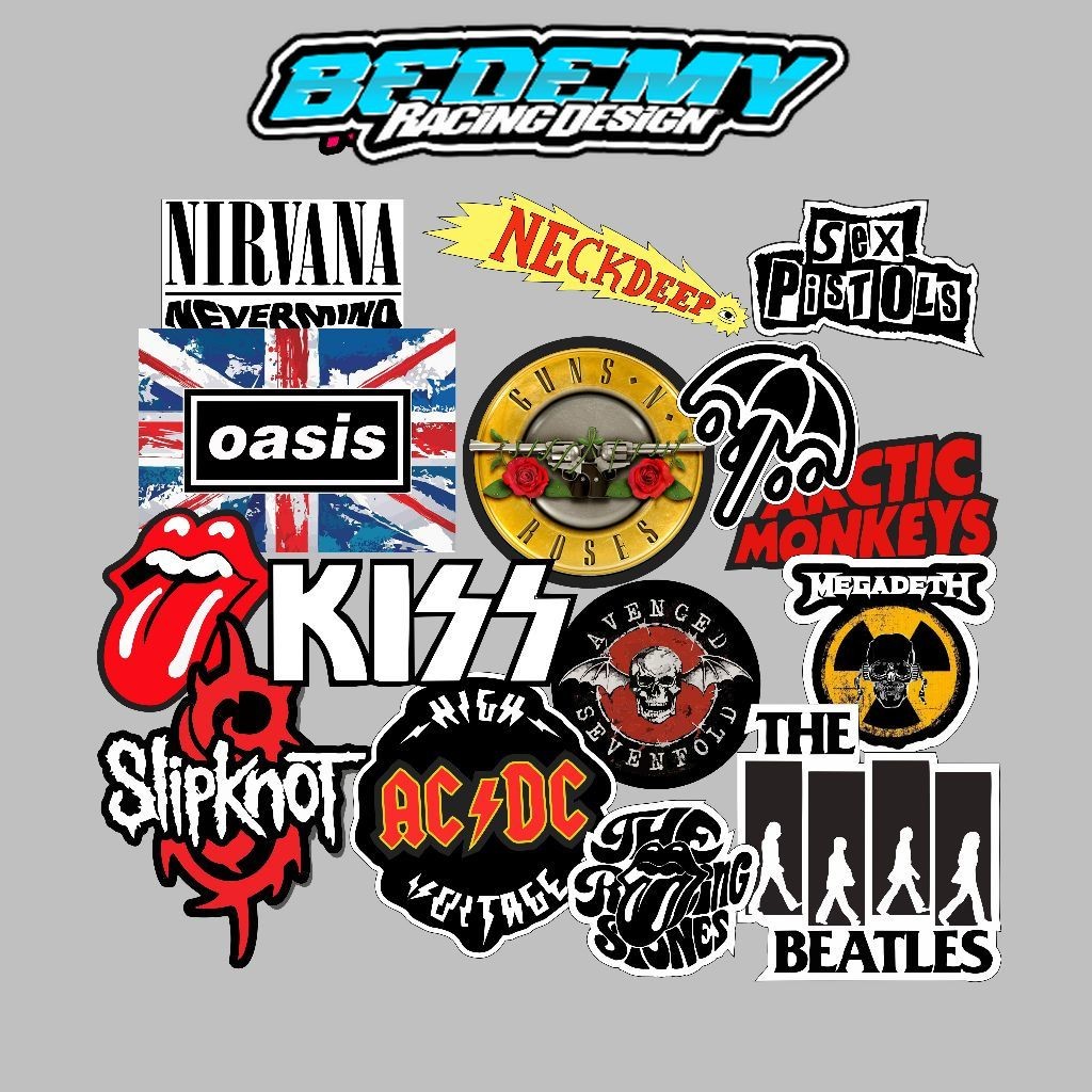 

STIKER BAND MUSIC ROCK METAL ISI 15 PCS HITAM PUTIH, sticker anti air, aesthetic, helm, laptop, case hp vol 68