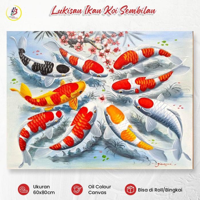 Lukisan Koi 9 Ekor 60x80 - Lukisan Kanvas Ikan Koi untuk Ruang Tamu & Fengshui - 1, Di Roll