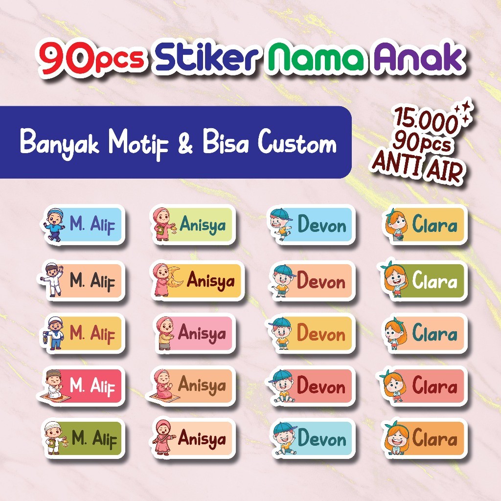 

90 Pcs Stiker CUTE Nama Anak Anti Air | Stiker Nama Murah Ekonomis