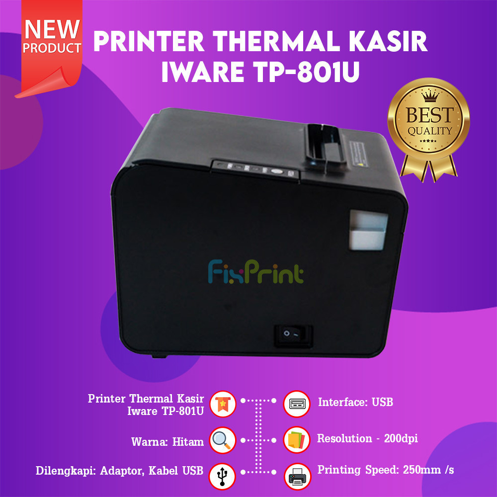FixPrint Thermal Printer Kasir Iware TP-801U Auto Cutter 80mm USB Only RJ11 Black