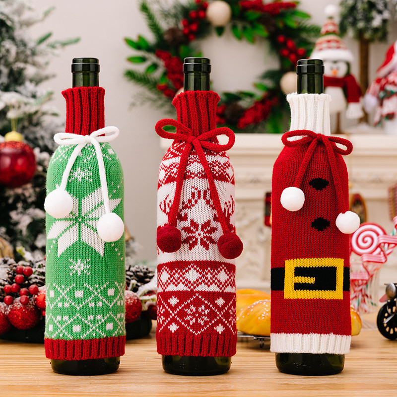 

3PC Xmas Knitted Wine Bottle Cover Wool Christmas Gift Bag Pompom Bow Christmas Socks Xmas Snowflake Wine Bottle Bag Home Decor