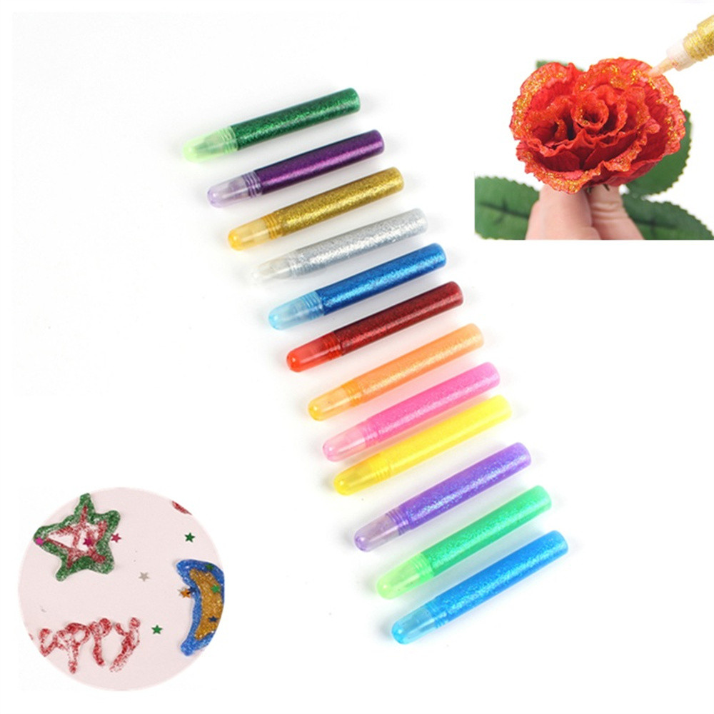 

12pcs Glitter Powder Adhesive Child Painting Stationery Drawing Paper Crafts Pigment Washable Color Liquid Glue Girl Party Gift