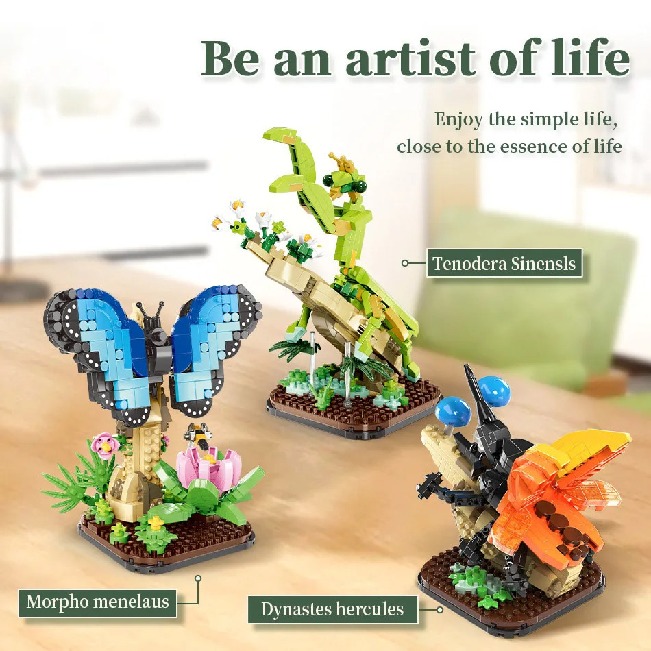 Insect World Series Ornament Building Block Toys, Butterfly Insect Mantis Insect Model Building Bloc