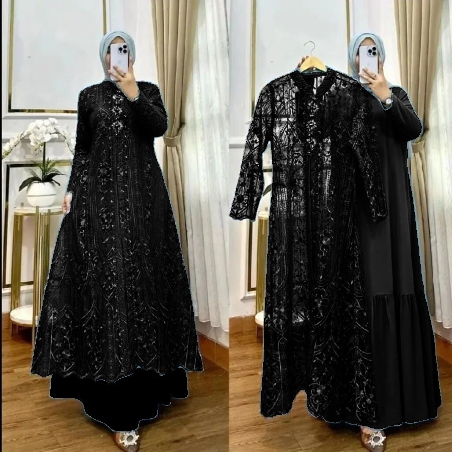 FUJA.ID Gamis Set Outer Terpisah Laksmi BO Bahan Ceruty Babydoll Full Puring Mix Brukat Aplikasi Mut