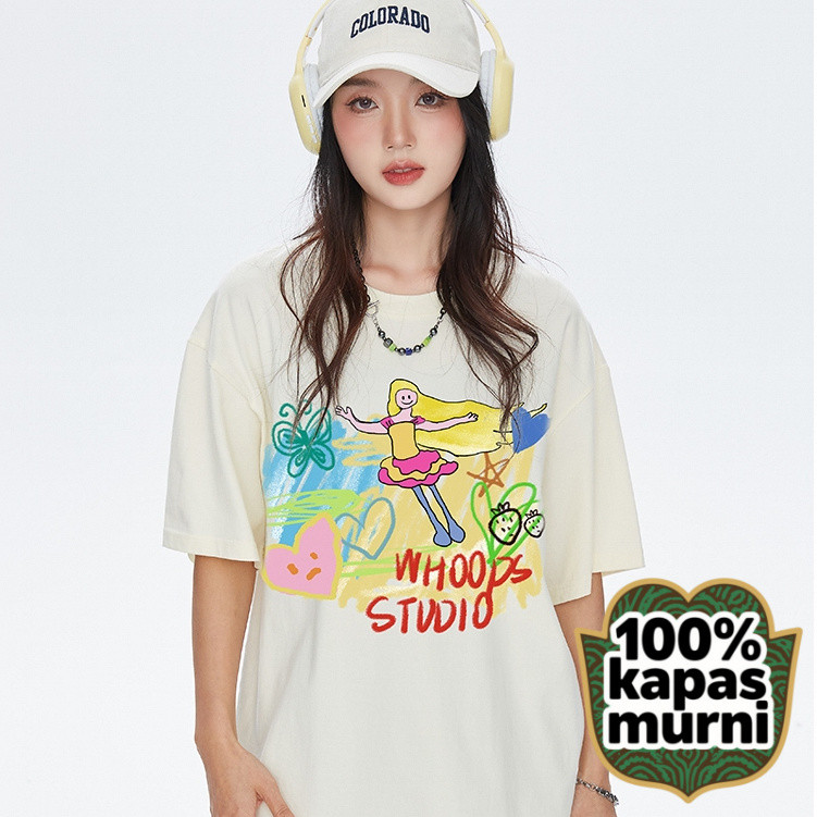 Kaos Desain dengan Elemen Kartun Gadis & Pesan Trend, Gaya Fashion Kontemporer