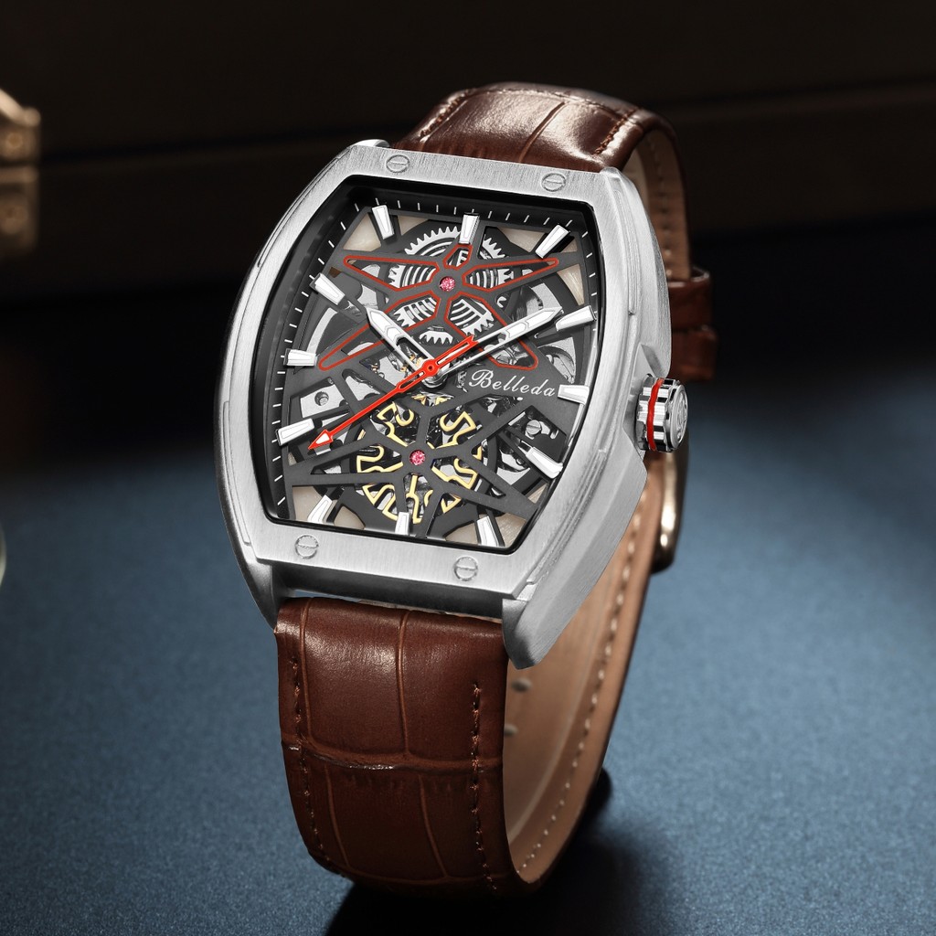 GJ Jam Tangan Pria Belleda 9644 Strap Kulit Automatic Anti Air Mewah Original