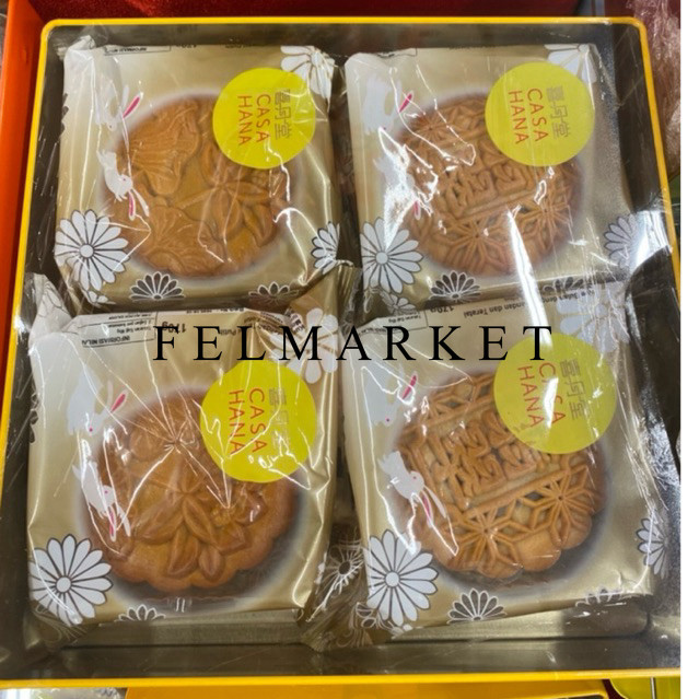 

Kue Bulan Casa Hana Jolly Yellow Isi 4 ( 2 Pandan Lotus & 2 white Lotus ) Mooncake Casahana / Box
