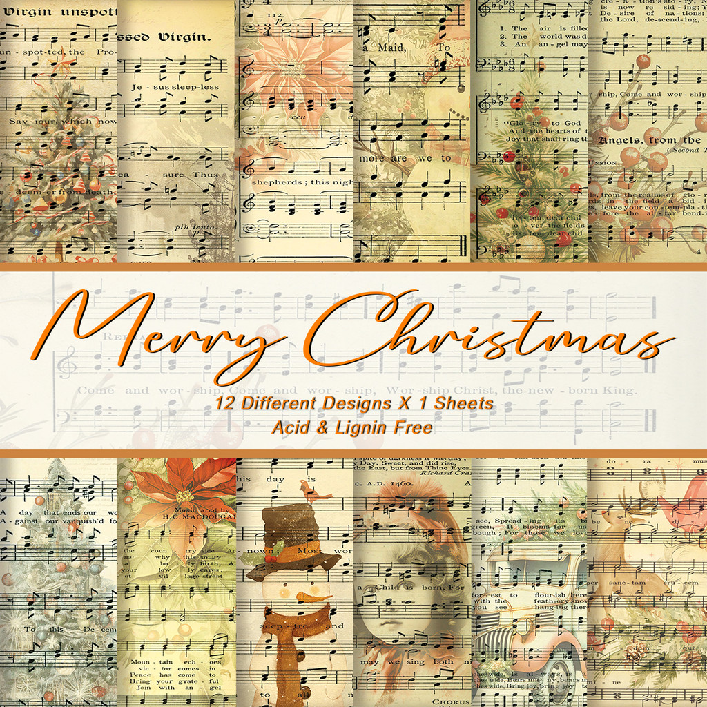 

12piece Vintage Christmas Carol Sheet Music Scrapbook Paper,For Diy Crafts,Journals,Collage Art,Christmas Gift Decorative Paper