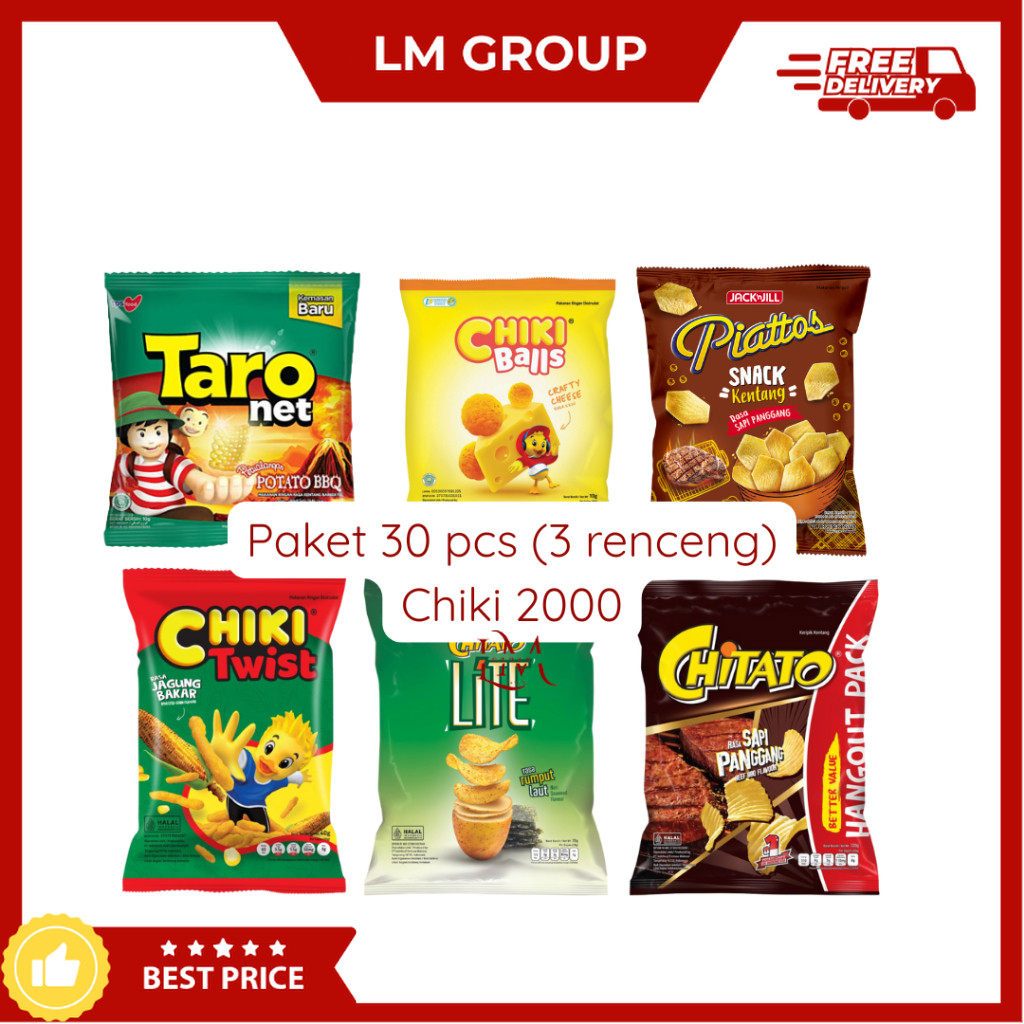 

[PAKET 30 CHIKI] Chiki Taro/Piattos/Chitato/Chiki Balls/Chiki Twist 30 pcs LM Snack Grosir