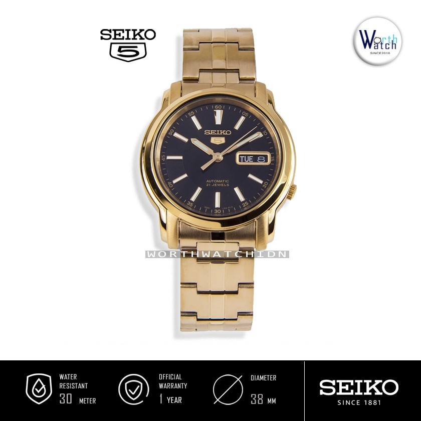 Jam Tangan Pria Otomatis Seiko 5 Men Automatic Black Dial Gold Stainless Steel Original SNKL-88-K1