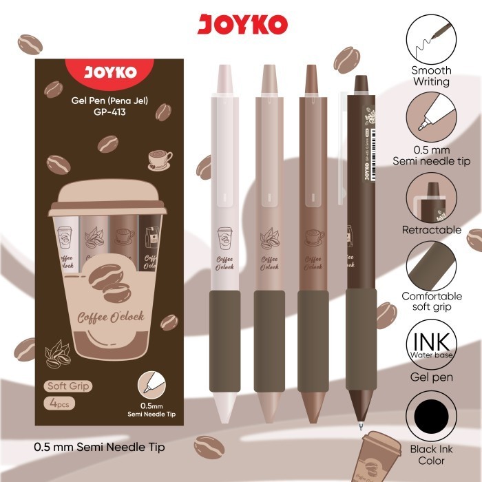 

Gel Pen Joyko GP-413 Coffee O'clock 0.5 mm isi 4 | Needle Tip 0,5mm | Bulpen Gel | Pena Gel Hitam