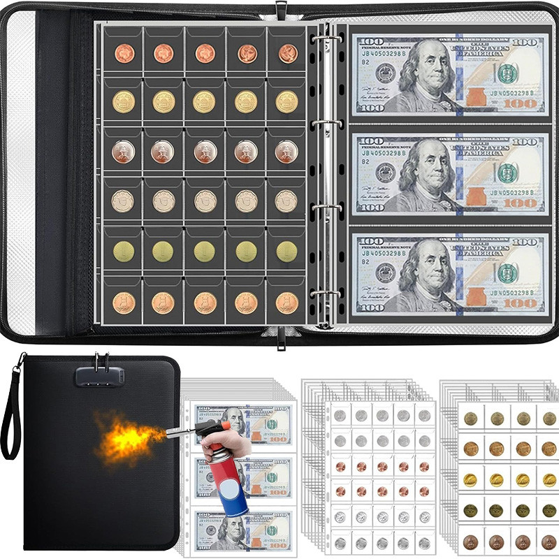 

Coin Collection Album Fireproof Document Password Bag 12/18 Pages 36/400 Pockets Coin Money Storage Zipper Safety Organizer
